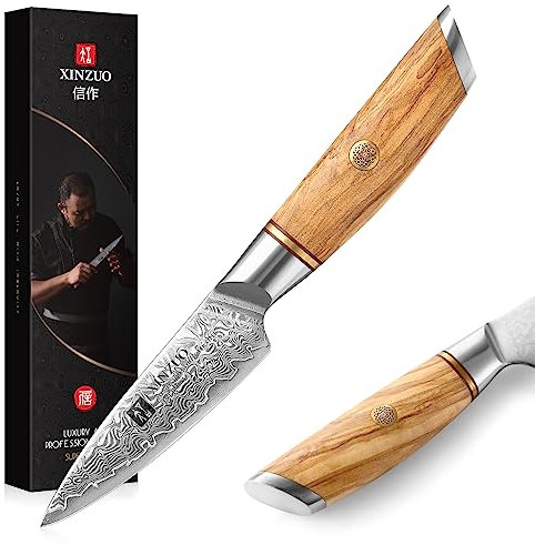 XINZUO Damaststahl Obstmesser, 9.2cm Schälmesser Gemüsemesser 73 Schicht Damastpulverstahl Küchenmesser Profi Scharf Allzweckmesser -mit ergonomischer Olivenholz Griff - Lan Series