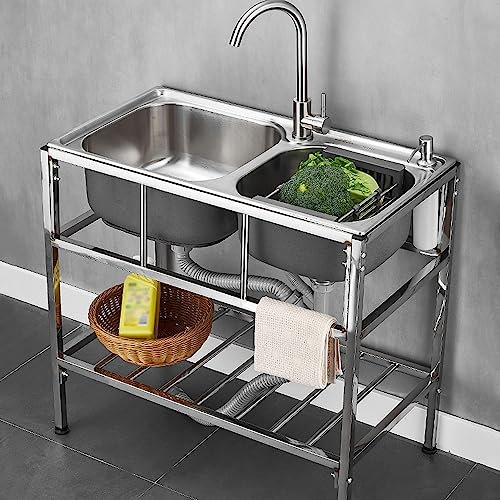 Spültisch Freistehendes ​2 Becken Edelstahl-Waschbecken Camping Spüle Mit Doppelbecken Gebrauchswaschbecken Gewerbliche Spülbecken,Für Outdoor Restaurant Arbeitsstation (75x40cm)