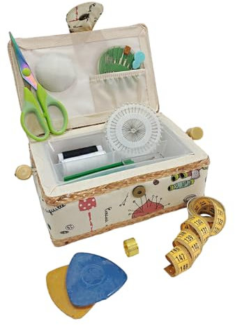 JYC CREATIVE Kleines Nähkästchen aus Holz mit Zubehör, mit Stoff ausgekleidete Nähbox mit 3 Fächern, Organizer mit Nadelhalter, Box mit Griff, Zubehörablage (Herzen, klein)