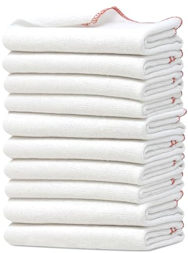 Towelogy Premium Extra Large Dish Cloths Pack of 10 - Cotton 38 x 45cm Odour Free & Super Absorbent Kitchen Dish Towels (White/Red Edges, 10)