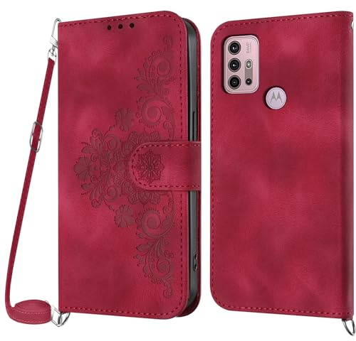 NETANY Funda para Motorola Moto G30/G20/G10/G10 Power con Cuerda, Flip Billetera Funda Tapa Libro PU Cuero con Ajustable Cordón,【2 Ranuras】【Hebilla Magnética】,Funda Piel Carcasa Case Cuerda (Rojo)