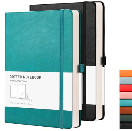 RETTACY Notizbuch A5 Dotted 2er Pack, 120g/m², je 160 Seiten | Bullet Journal, Hardcover, kein Ausbluten, 180° flach, perforiert, Innentasche, für Kreative & Studenten - Schwarz Türkis