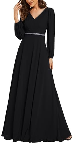 Ever-Pretty Vestito Elegante Donna Cerimonia Manica Lunga Scollo A V Gonna Lunga Fino al Pavimento Abito da Sera Noir 44