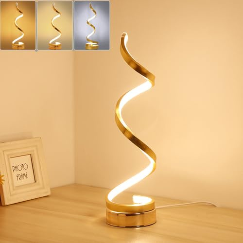 Mengjay Dimmbare Tischlampe – SpiralföRmige Moderne Nachttischlampe Mit 3 Farben Von Led-Lichtern – Kleine Dekorative Lampe FüR Zuhause, Wohnzimmer (Gold)