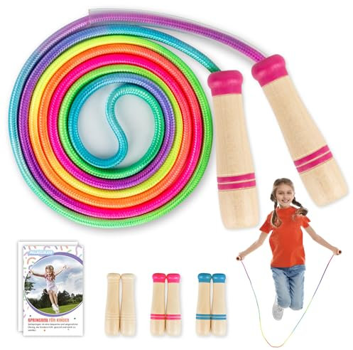 Springseil Kinder, Verstellbare Seilspringen für Fitness, 250CM Jump Rope Kinder mit Holzgriff und Regenbogen-Springseil, Skipping Rope Kids für Jungen und Mädchen 4 5 6 7 8 9 10 jahre(Rosa)