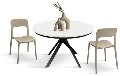 PAZZO DESIGN Tavolo Rotondo Allungabile Karem, Tavolo Soggiorno, Cucina, Gambe Incrociate Shangay Nere, Made in Italy, Bianco Frassinato, da 120 a 170 cm - id_1986