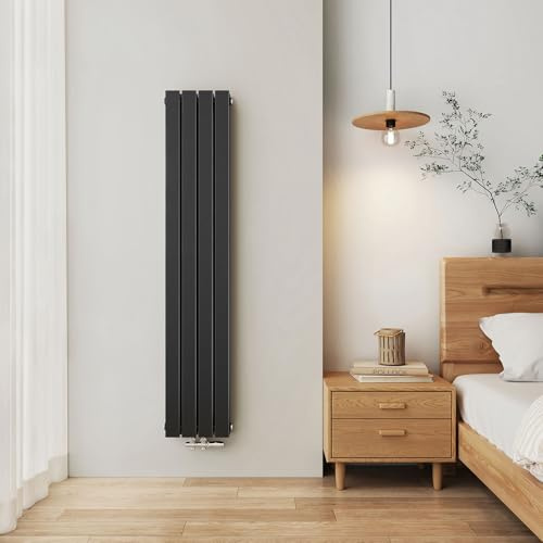EMKE Design Heizkörper Schmal Hoch, 1600x304 mm Vertikal Flachheizkörper mit Mittelanschluss, Doppellagig Schwarz Paneelheizkörper Wandheizkörper für Bad, Flur& Wohnzimmer, 966W