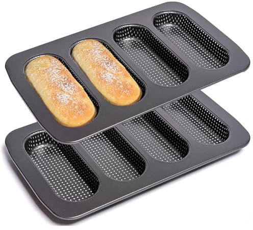 Skoxkoc Carbon Steel Hot Dogs Buns Mold - Set of 2 Baguette Pan Nonstick French Bread Loaf Pan 4 Trays Baking Mold for Hot Dogs, Buns