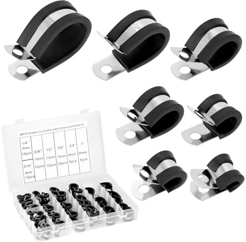 QWORK® 66Pcs Rubber P Clips Assortment Kit, 7 Sizes 304 Stainless Steel Pipe Clips, Pipe Clamp with Rubber Cushion, for Auto, Marine, Industrial