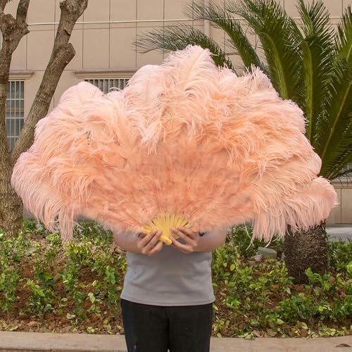 Abanicos de plumas de avestruz grandes, 13 barras, plumas blancas, abanico plegable para fiestas, festivales, óperas, accesorios de decoración, accesorio - 052 rosa polvo - 2 piezas