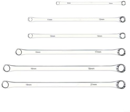 LVYXON 6-teiliges extra langes Ringschlüssel-Set, Chrom-Vanadium-Stahl, 8–21 mm, verlängerter Doppelend-Steckschlüssel, Doppelzweckschlüssel, 12-Kant-Steckschlüssel für Autoreparaturen
