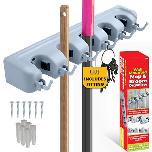 LKH Wall Mounted Broom Holder & Mop Organizer – 5 Broom Stations & 6 Hooks, Garage Wall Storage, Utility Room Storage Solutions, Broom Hanger, Mop & Brush Holder Wall Mounted (1)