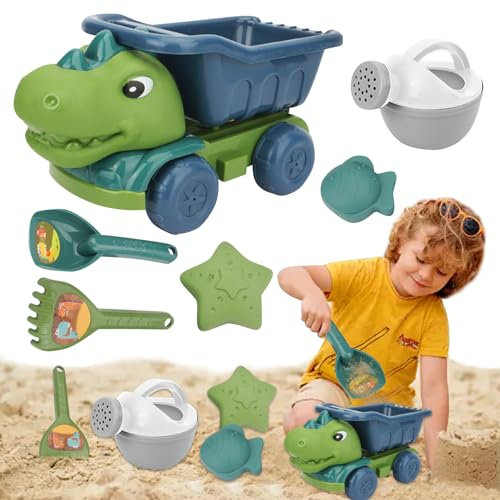 Yarteim Kinder Sandspielzeug ab 3 Jahre, Dino Sandkasten Spielzeug Set, Strandspielzeug Kinder mit Wasserrad, Gießkanne, Sandformen, Tasche, Dinosaurier Kipplaster, Sand Spielzeug für Jungen Mädchen