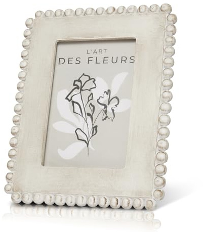 DN DECONATION Bilderrahmen Vintage Beige, Fotorahmen mit Perlen-Akzent | 9x14 cm Fotos, 16.5x20.5 cm Resin Bilderrahmen für Tisch, Farmhouse Vintage Wohnzimmer Deko, Hochzeit & Weihnachten Geschenk