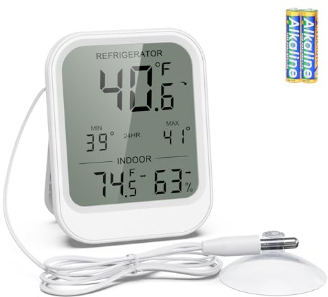 Brifit Thermometre Frigo, Thermometre Refrigerateur avec Sonde Étanche de 1,5 m, Écran LCD, MIN/MAX, Fonction Alarme, ℃/℉, Affichage Tendances, Thermomètre Hygromètre Interieur pour Aquarium, Maison