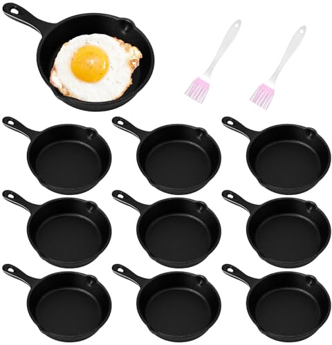 10 Sets Cast Iron Skillets Mini Black Iron Nonstick Frying Pan Small Sizzling Plate Egg Pan Cast Pot Bundle with Oil Brush for Indoor and Outdoor Restaurant Kitchen (10 cm)