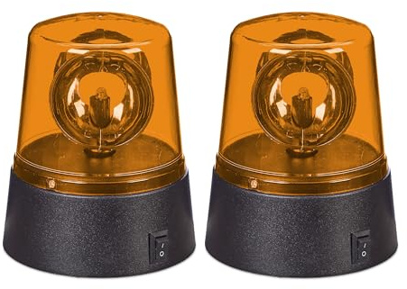 Relaxdays Lampada Polizia Party, Set 2 LED Lampeggianti, Riflettore Girevole, a Batteria, Luce Stroboscopica, Arancione