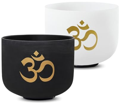 Handgjord klangskål i kristall, Ohm, tvåfärgat svartvitt set, meditationsinstrument på professionell nivå, handgjord stressavlastningsverktyg för vuxna