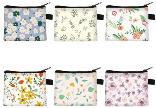 Fubuuf 6 Pezzi Mini Fiori Portamonete Donna, Portatile Portafoglio Piccolo con Cerniera, Coin Purse Organizer Stampa Botanica Borsa per Monete Chiavi Auricolari Chiavi Credito, 13.5 x 11 cm