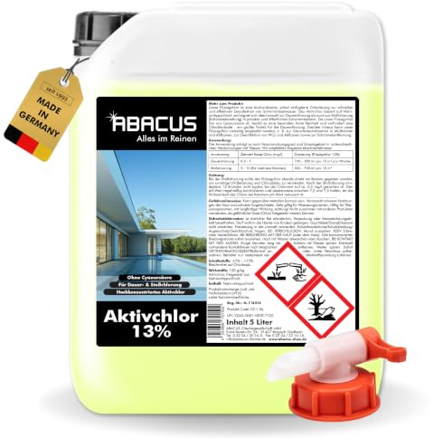 ABACUS® Flüssigchlor 13–15 % | 5L Kanister | Poolchlor zur Desinfektion von Pool & Schwimmbad | Hochwirksames Aktivchlor für klare Wasserqualität | Für Dauerchlorung und Stoßchlorung