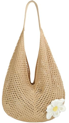 GWAWG Crochet Beach Bag Large Tote for Women, Woven Handbag with Flower Embroidery, Spacious Waterproof Summer Shoulder Bag