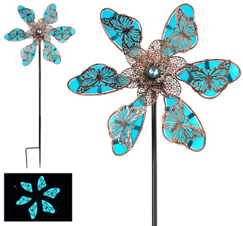 Carillon à vent en métal, moulin à vent de jardin, moulin à vent cinétique 3D pour terrasse, pelouse et décoration de jardin (bleu avec lumineux)