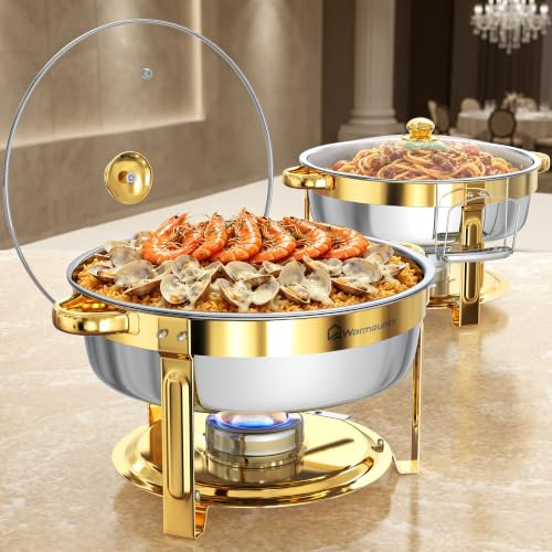 WARMOUNTS 6L Chafing Dish 2er Set Gold, Speisenwärmer Buffet Rund Edelstahl mit Glasdeckel & Deckelhalter, Warmhaltebehälter Stapelbar für Gastronomie, Catering, Partys & Hochzeiten