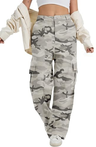 DAOAO Grey Camo Pants Women Cargo Pants High Waist Wide Leg Stretchy Pull On Baggy Casual with Pockets L