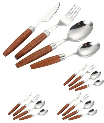Juego de Cubiertos de Acero Inoxidable con Mango de Madera, 16 Piezas, para Cocina, Cuchillo, Tenedor, Cuchara y cucharadita.