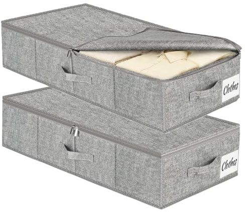 Unterbett Aufbewahrungsbox 17cm mit Deckel, 2 Stück Faltbar 50L Unterbettkommode, Waschbar Kleideraufbewahrung & Organisation, 3 Griffen Doppelreißverschluss Aufbewahrungsboxen für Kleidung, Grau