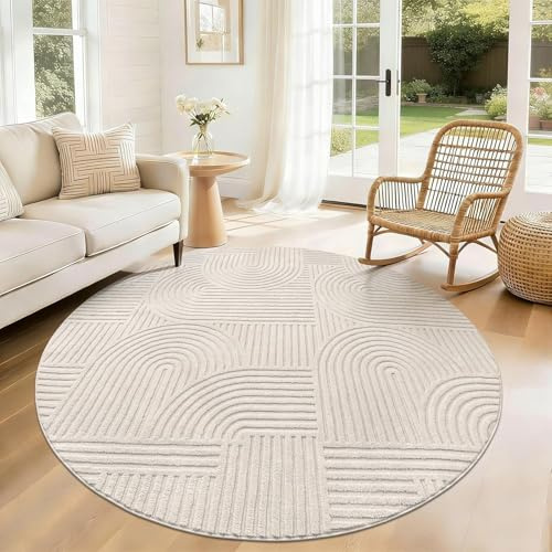 SHACOS Waschbarer Teppich Rund, Runder Teppich rutschfest, Beige 120 cm | Moderner Teppich Wohnzimmer Rund, Wohnzimmerteppich Kurzflor Flauschig, Runde Teppiche für Schlafzimmer, Flur, Kinderzimmer