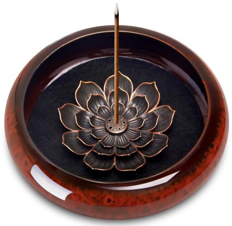 Räucherstäbchenhalter mit Abnehmbarer Lotus Design Räuchergefäß für Yoga | Leicht Zu Reinigen Räucherstäbchen Halter für Meditations-Keramik Räucherschale für Räucherstäbchen Kegel Spiralen-Rot