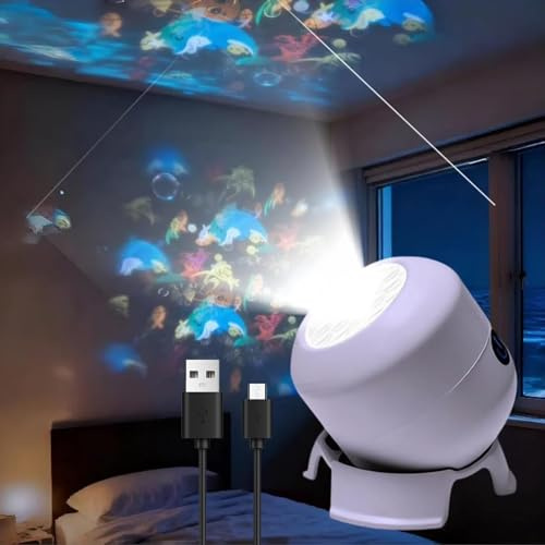 Proiettore LED dinamico rotante, 360°, luce notturna oceano/fiocco di neve, ricaricabile USB, dimmerabile, proiettore per bambini per camera da letto, meditazione, relax, regali per tutte le età