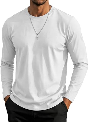 GOLDPKF Mens Long Sleeve T Shirt Casual Crew-Neck Shirts Lightweight Tshirt Cotton Basic Tops for Work Travel White M
