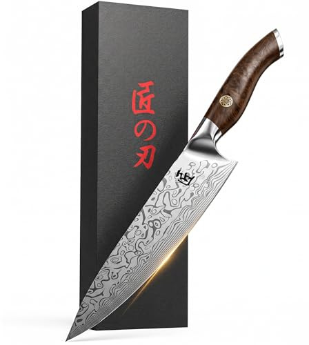 INTIGNIS VG10 Damascus Chef Knife 8 Inch, Professional Kitchen Knife with 67 Layer Damascus Steel, Precision Cooking Chef’s Knife with Pakka Wood Handle, Ceramic Sharpener & Gift Box