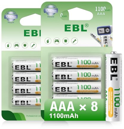 EBL Rechargeable AAA Batteries 1100mAh Ni-MH Triple A Batteries, Precharged Long Lasting AAA Battery - 8 Counts