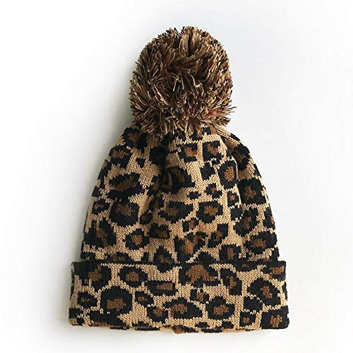 MoonyLI Unisex Erwachsene Leopard Print Strickmütze mit großem Pompon - Warme Wollmütze für den Winter