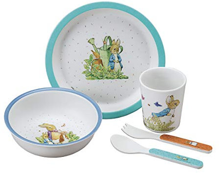 PETIT JOUR - Coffret Cadeau 5 Pièces Pour Enfant 6Mois+ - Mélamine - Sans BPA - Assiette 18cm, Timbale 160ml, Bol 250ml, Set De 2 Couverts 14cm - Lavable Au Lave-Vaisselle - Pierre Lapin - Bleu