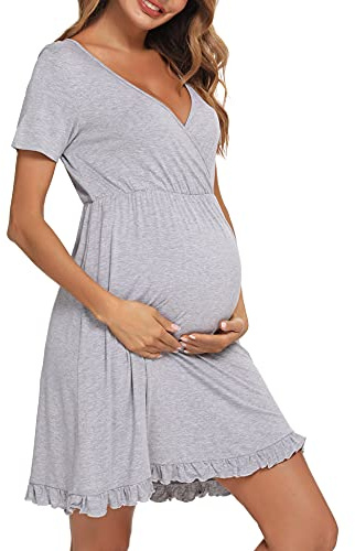 Doaraha Camicie da Notte per Allattamento da Donna Camicia da Notte Premaman Cotone Volant Eleganti Pigiama da Allattamento Parto Ospedale Indumenti da Notte - Grigio - Manica Corta, XXL