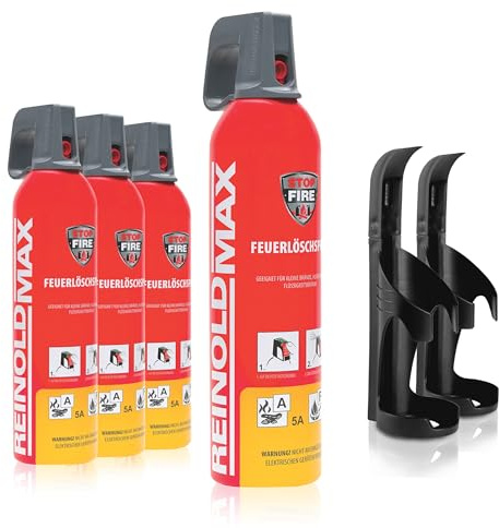XENOTEC Premium Feuerlöschspray – 4 x 750ml – 2 Wandhalter - Stopfire – Autofeuerlöscher – REINOLDMAX – inklusive Wandhalterung schwarz – wiederverwendbar