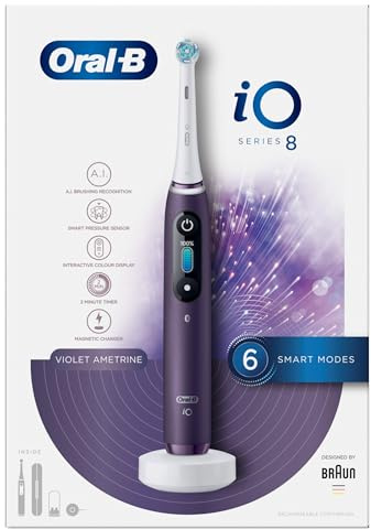 Oral-B iO8 Electric Toothbrushes For Adults, App Connected Handle, 1 Toothbrush Head & Travel Case, 6 Modes with Teeth Whitening, 2 Pin UK Plug, Violet