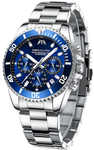 MEGALITH Relojes Hombre Acero Inoxidable Relojes Grande de Pulsera Cronógrafo Impermeable Elegante Reloj Analógico Hombre Diseñador Luminosa Fecha, Regalos para Hombres