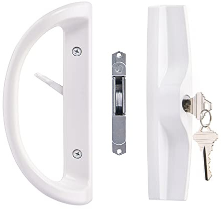 Sliding Patio Door Handle Set with Key Cylinder and Mortise Lock, Full Replacement Handle Lock Set Fits Door Thickness from 1-1/2 to 1-3/4, 3-15/16” Screw Hole Spacing, Reversible Design(Non-Handed)