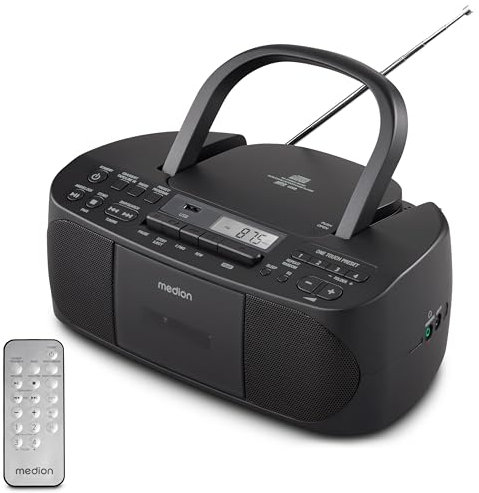 MEDION E65010 Stereoradio (CD-Player, Kassette, USB Anschluss, AUX Audioeingang, MP3-Widergabe. UKW PLL Radio,40 Senderspeicher, Batteriebetrieb, Fernbedienung) schwarz