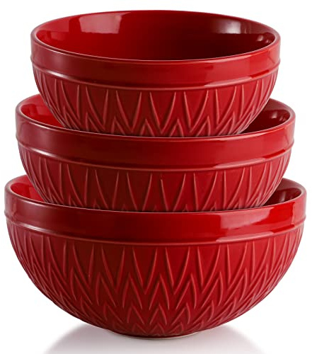 AVLA Porcelain Mixing Bowls for Kitchen, 3/1.8/1.2 Qt Ceramic Large Serving Salad Soup Bowl Set, Deep Nesting Bowl for Space Saving, 3-Piece Set, Microwave and Dishwasher Safe, Red