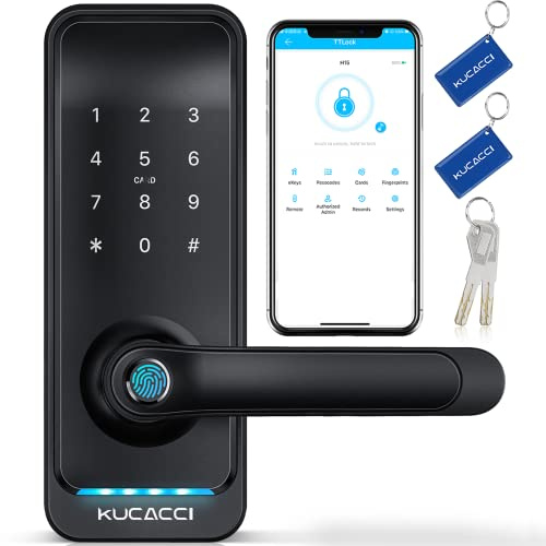 KUCACCI Smart Keyless Entry Fingerprint Digital Keypad Türschloss mit Griff, Bluetooth WiFi Smart Türgriff für Smart Home (Schwarz)