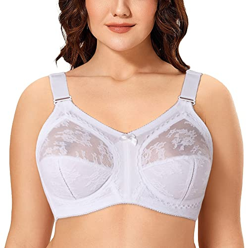 Ayigedu Women's Full Coverage Non Wired Non-Padded Minimizer Lace Plus Size Support Bra 44-GG White