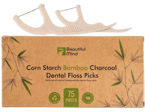 Natural Dental Floss Picks 75 Pack – Organic Biodegradable Floss Sticks with Strong Bamboo Charcoal Thread & Vegan Cornstarch Handle – No Plastics, No Artificial Flavours - Kraft Paper Box