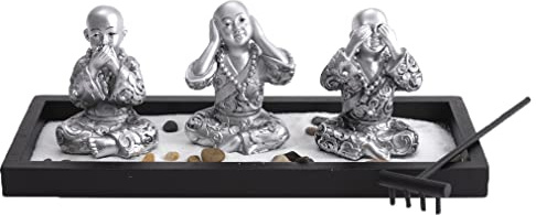 lachineuse - Jardin Japonais 3 Bonzes - Décoration Zen Intérieur Moines Bouddhistes - avec Sable, Pierres & Rateau - Déco Zen pour Bureau - Objet Décoration Asiatique - Idée Cadeau Japonais Asie