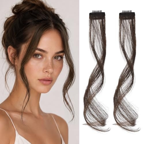 Flufymooz Side Air Bangs, 2 Stück Clip-in-Ponys für die Vorderseite, Pony-Haarspangen zum Anklipsen mit Schläfen, synthetischer langer Drachenbart-Pony, 30 cm (Dunkelbraun mit kupfernen Highlights)